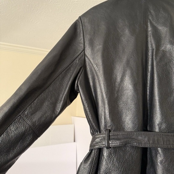 Women's Vtg Leather Jacket Coat M Zip Up‎ & Tie Waist Black Belt Leather Limited - Picture 13 of 16